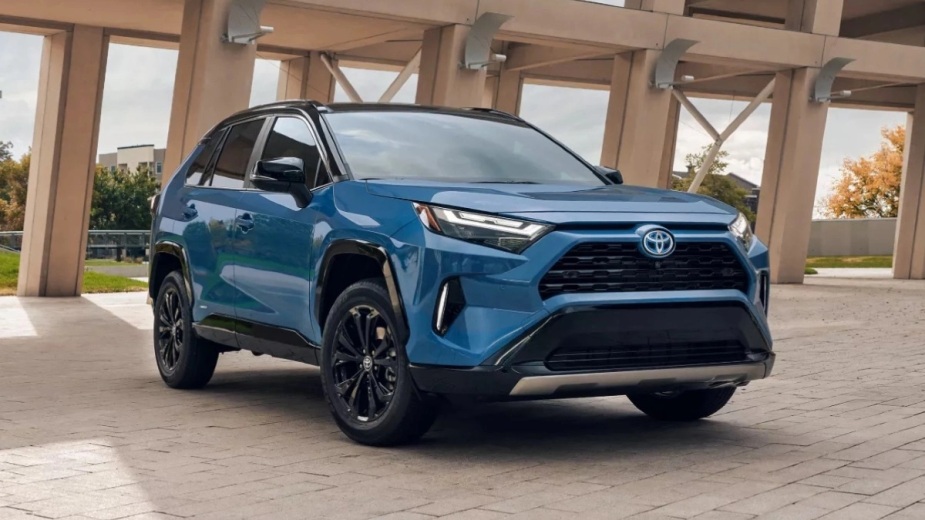 Front angle view of the blue 2023 Toyota RAV4 compact SUV