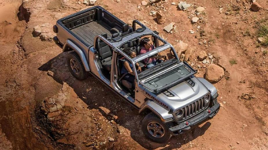 A top view of the silver 2023 Jeep Gladiator, the second best new 2023 midsize pickup truck money can buy, says Car and Driver