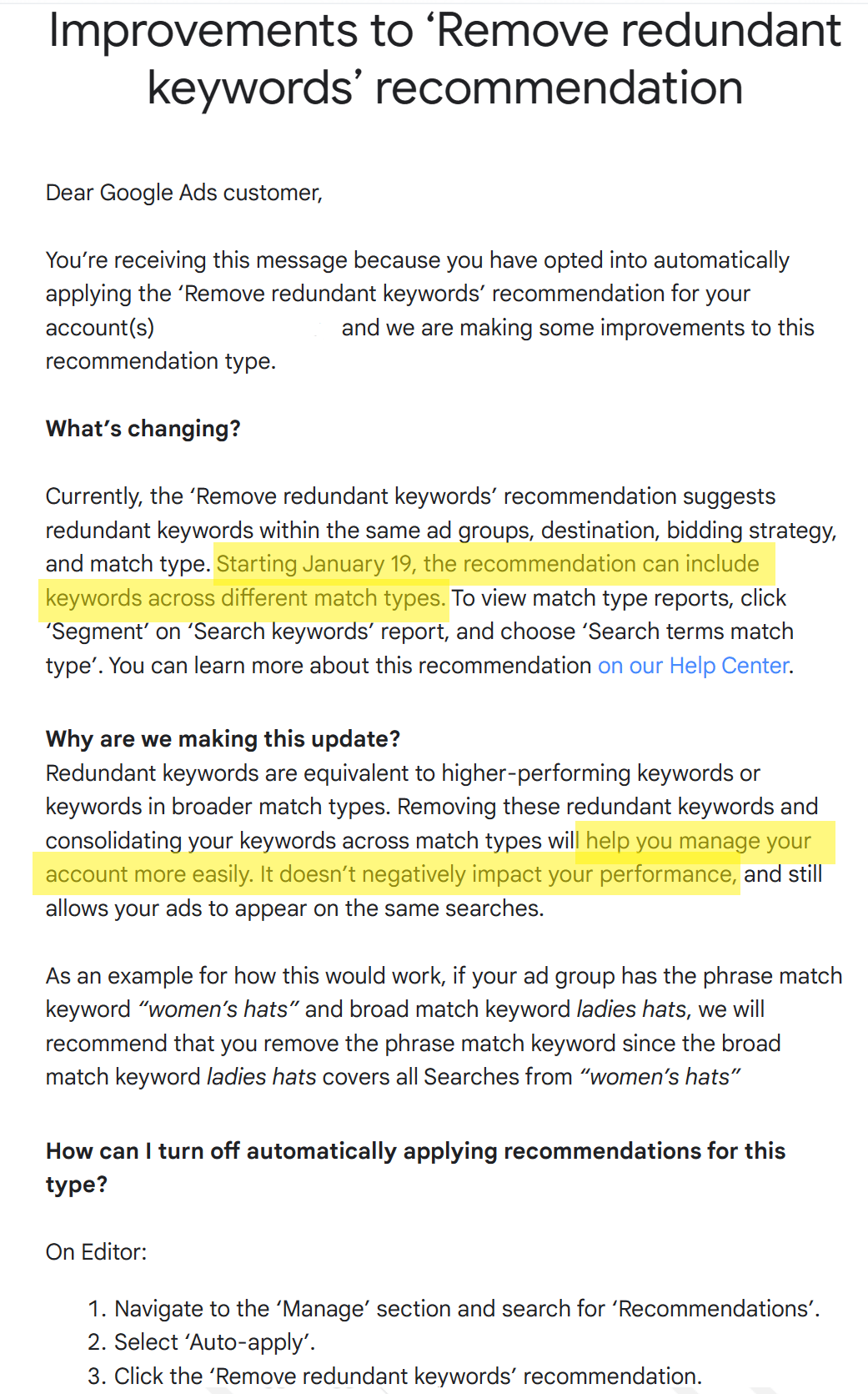 Google's change to redundant keyword policy will go into effect on January 19, 2023.