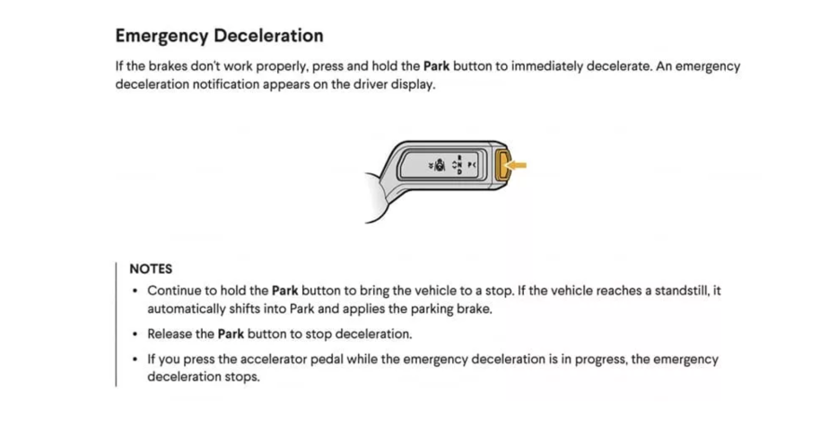 Rivian R1t owner's manual layout showing the location of the park button