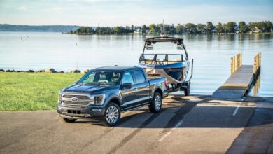 The 2023 Ford F-150 Hybrid towing a boat