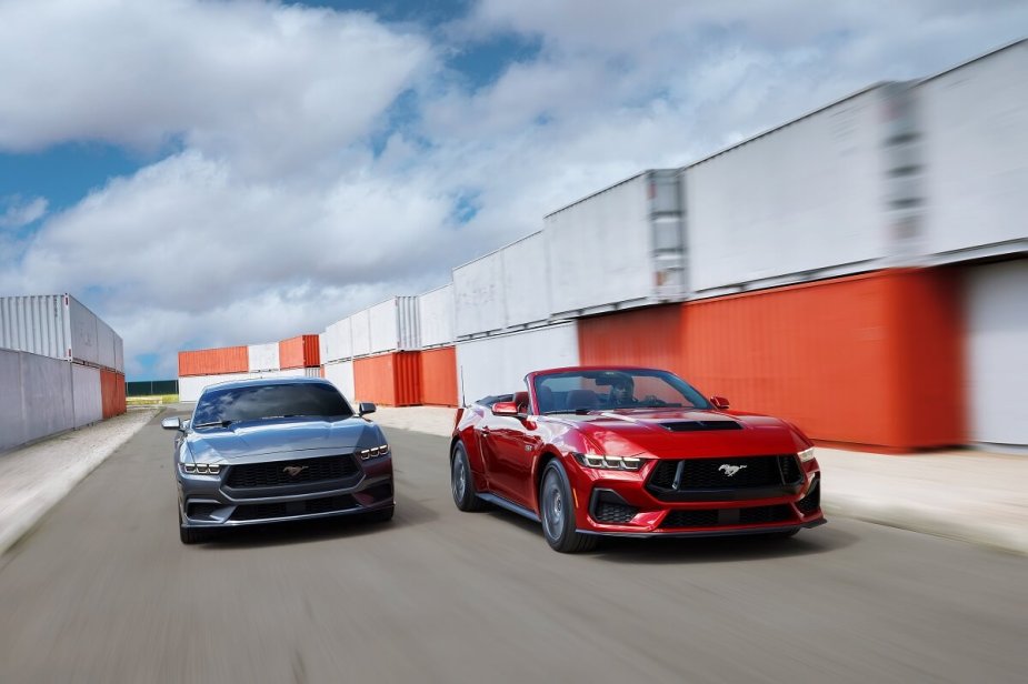 A group of new 2024 Ford Mustangs show off their coupe and convertible bodies. 