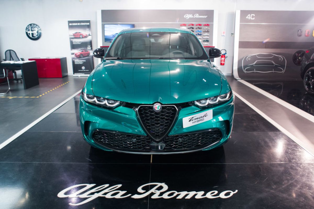 Alfa Romeo Tonale EV on display at a dealership.
