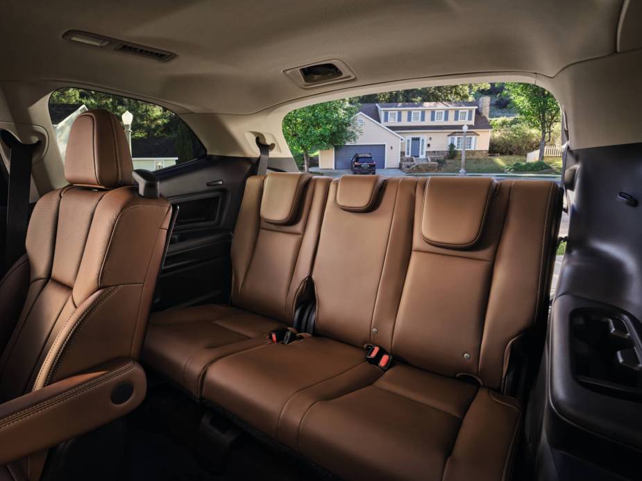 Third row seating of a 2023 Subaru Ascent in brown leather.