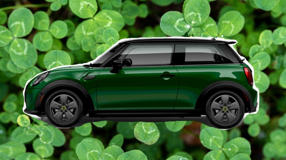 Side view of the green 2024 MINI Cooper SE, showing the car the Genie will be driving on St. Patrick's Day