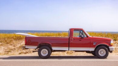 A regular cab Ford F-150 pickup truck parked by the water with a surfboard in its bed.