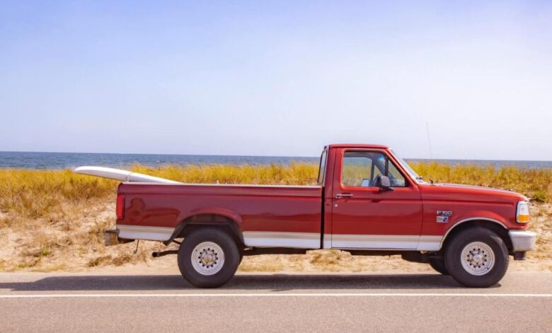 A regular cab Ford F-150 pickup truck parked by the water with a surfboard in its bed.
