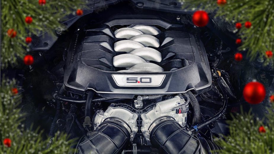 Promotional photo of the new 5.0-liter Coyote V8 engine available in the Ford Mustang Dark Horse.