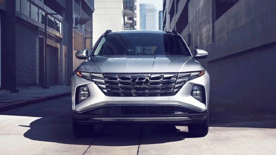 Front view of silver 2023 Hyundai Tucson hybrid crossover SUV