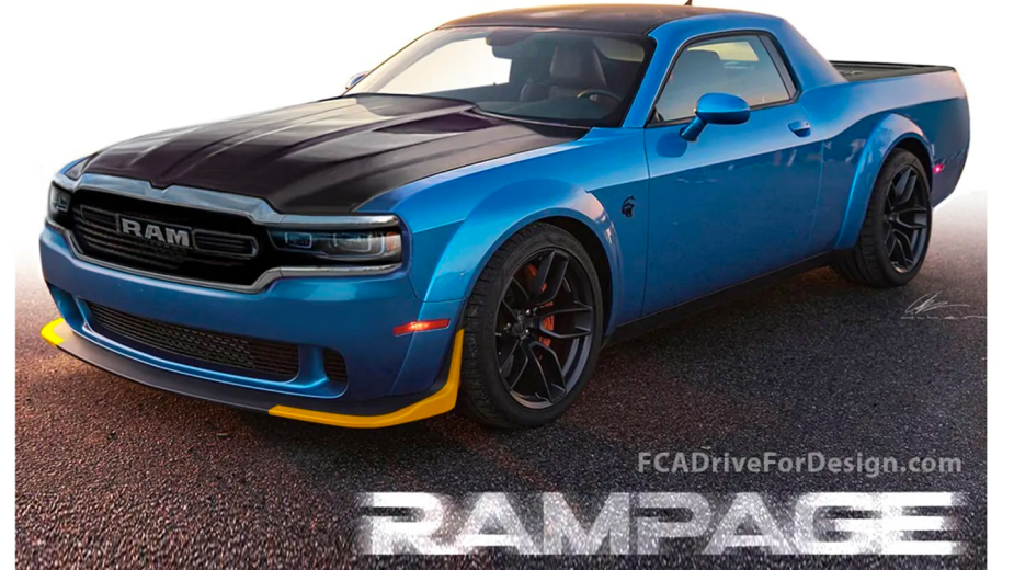 Concept art of a blue Rampage muscle truck with a black hood.