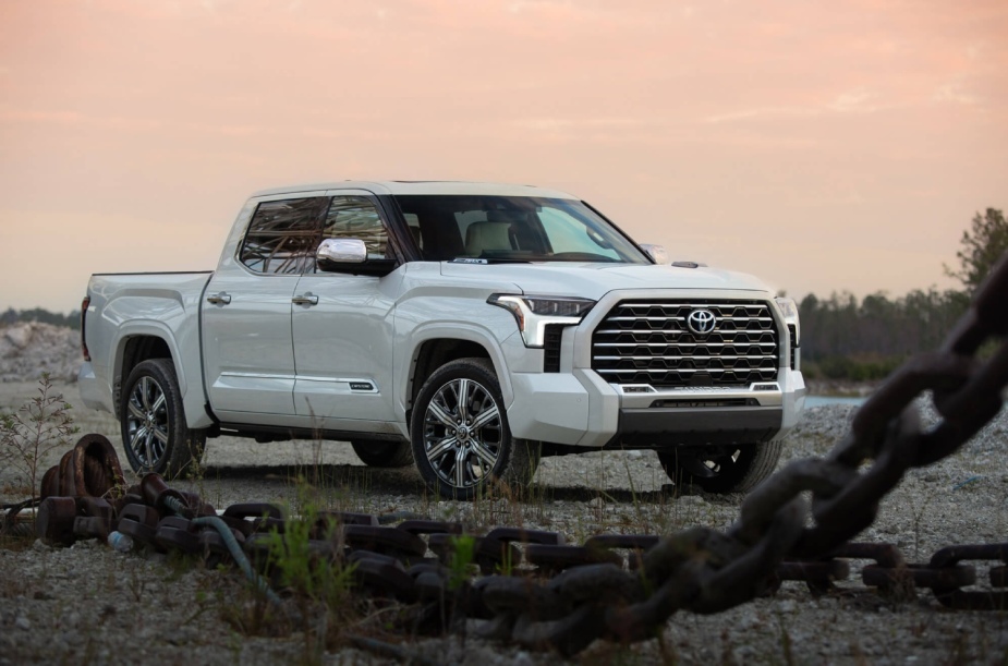 2023 Toyota Tundra Hybrid in front of a pink sky